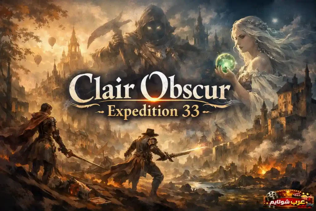 ملصق لعبة Clair Obscur: Expedition 33 يعرض مشهداً فانتزياً مظلماً مع شخصيات مقاتلة، مدينة ضخمة في الخلفية، وعناصر سحرية تحيط بعنوان اللعبة.