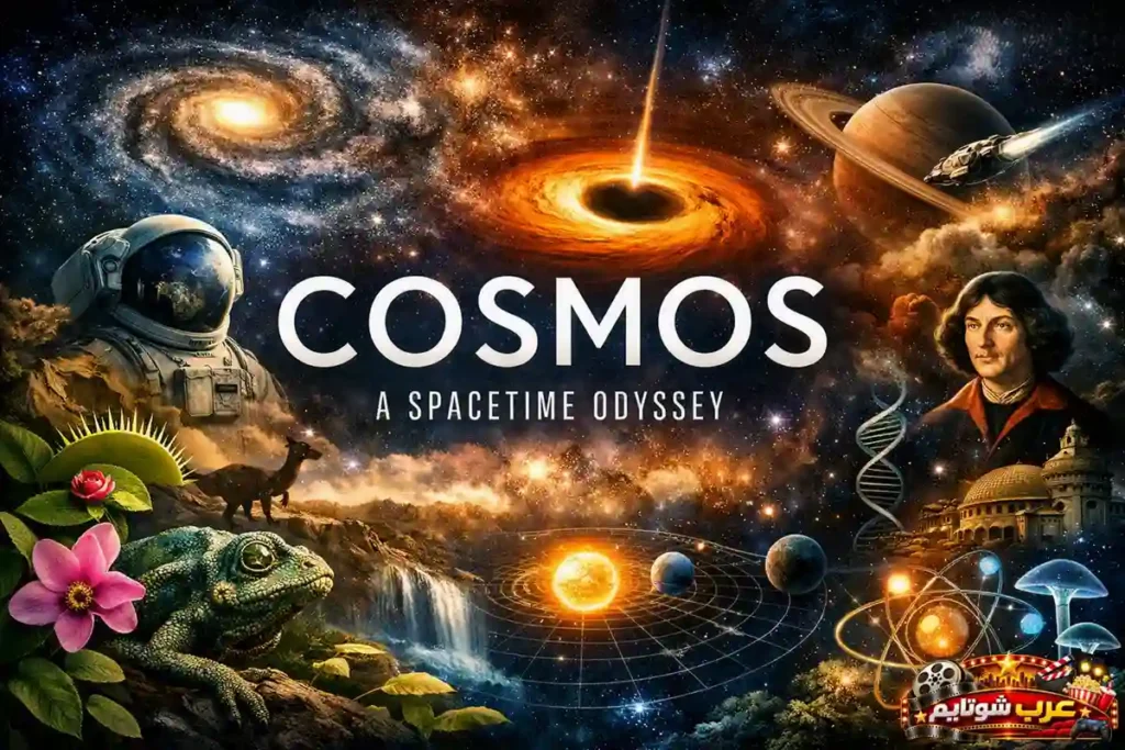 ملصق وثائقي يعرض مزيجاً كونياً وعلمياً يرمز إلى استكشاف الفضاء والزمن في مسلسل Cosmos: A Spacetime Odyssey.
