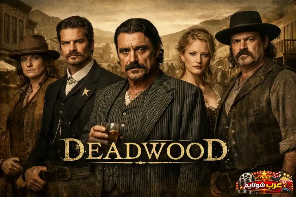 ملصق مسلسل Deadwood یعرض الشخصیات الرئیسیة في أجواء الغرب الأمریكي القاسي داخل بلدة حدودیة فوضویة.