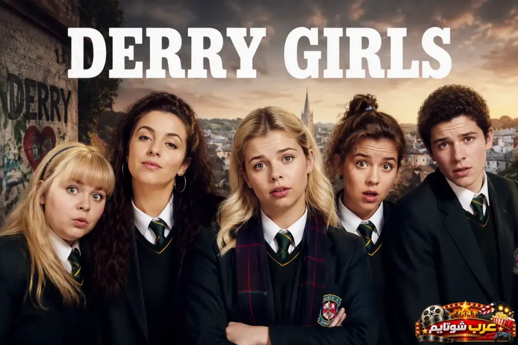 بوستر مسلسل فتيات ديري (Derry Girls) الذي يتابع مغامرات مجموعة من المراهقين في إطار كوميدي عائلي مليء بالمواقف الطريفة