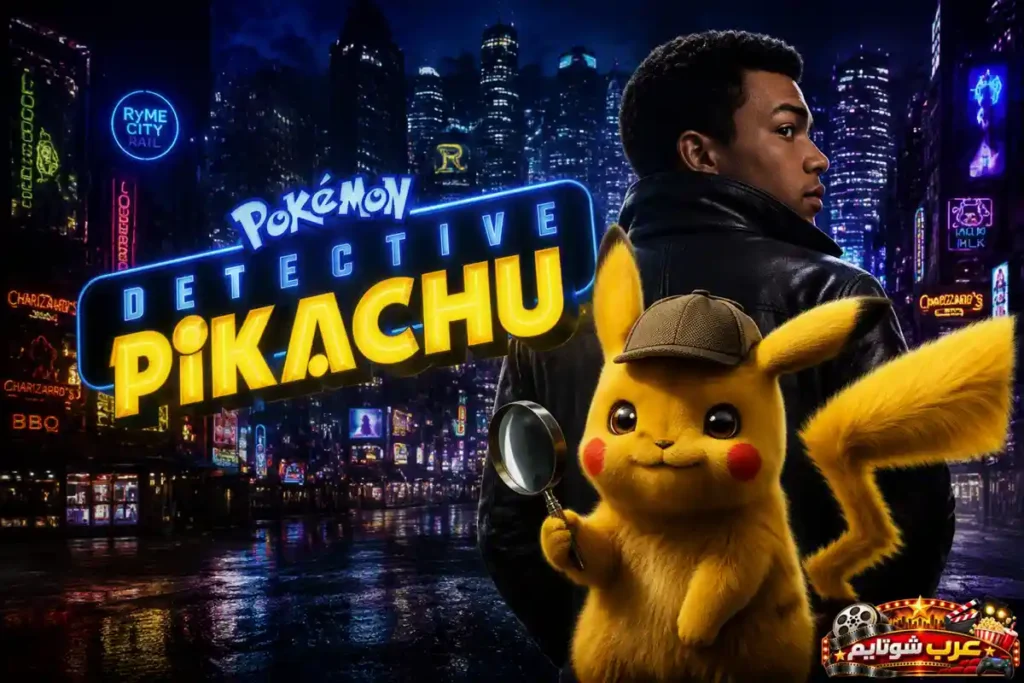 ملصق فيلم بوكيمون: المحقق بيكاتشو Detective Pikachu يُظهر بيكاتشو بقبعة المحقق داخل مدينة مستقبلية مضاءة بالأضواء النيون إلى جانب أحد أبطال القصة.