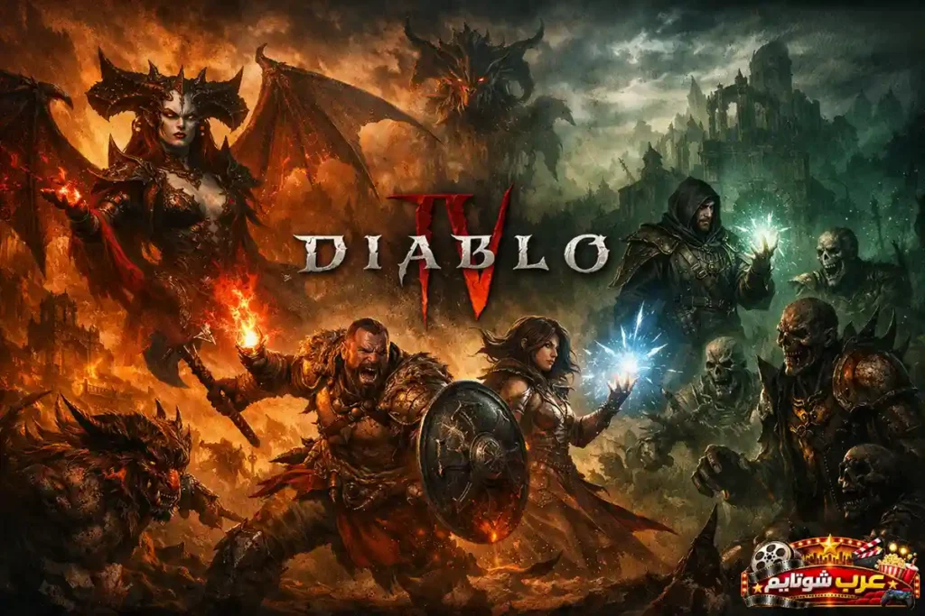 بوستر ترويجي من لعبة Diablo IV يُظهر أبطالاً وشخصيات مظلمة في معركة داخل عالمٍ جحيمي مليء بالنار والسحر.