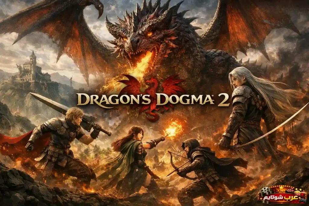 ملصق لعبة Dragon’s Dogma 2 يعرض معركة ملحمية بين أبطال متعدّدين وأفعى تنين عملاق وسط أجواء نارية وفانتزية.