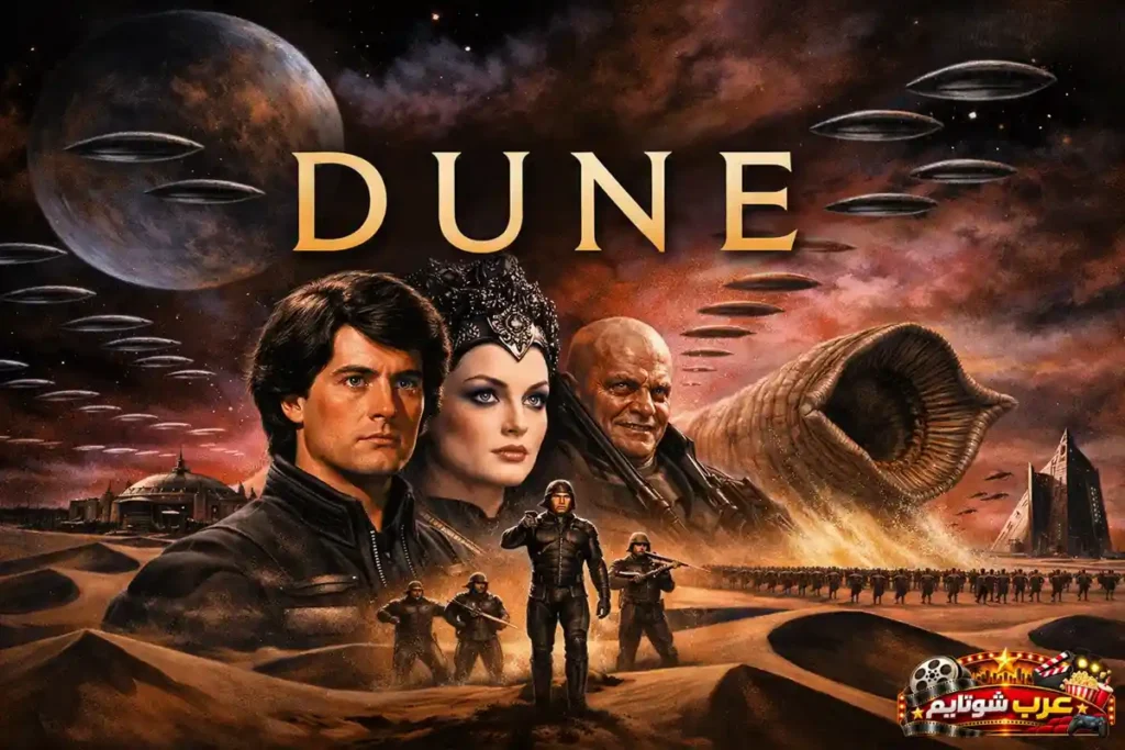 ملصق سينمائي لفيلم «كثيب» (Dune) من إخراج ديفيد لينش عام 1984، يُظهر مشاهد صحراوية وكائنات عملاقة في أجواء خيالية.