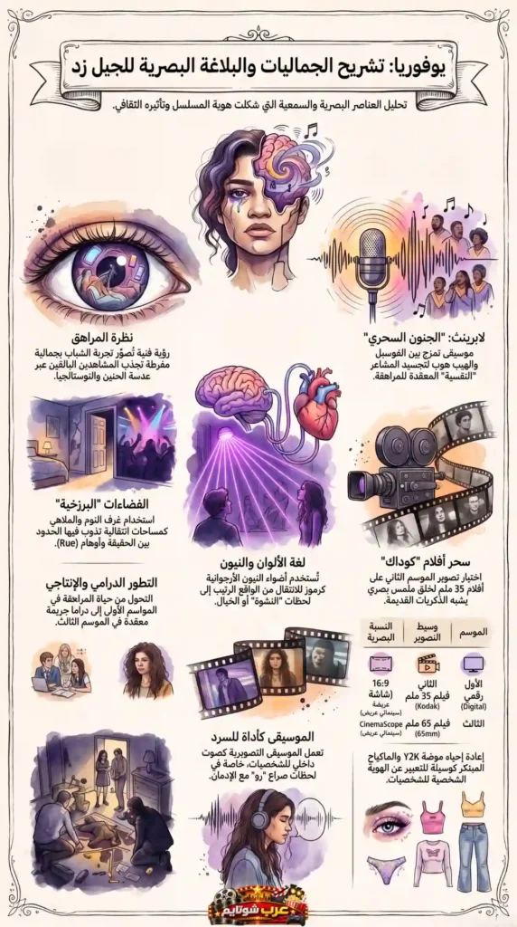 إنفوغرافيك عربي بعنوان «يوفوريا: تشريح الجماليات والبلاغة البصرية للجيل زد» يشرح العناصر البصرية والسمعية التي شكّلت هوية المسلسل وتأثيره الثقافي، مع رسومات فنية تعبّر عن الألوان والموسيقى والمشاهد السينمائية.