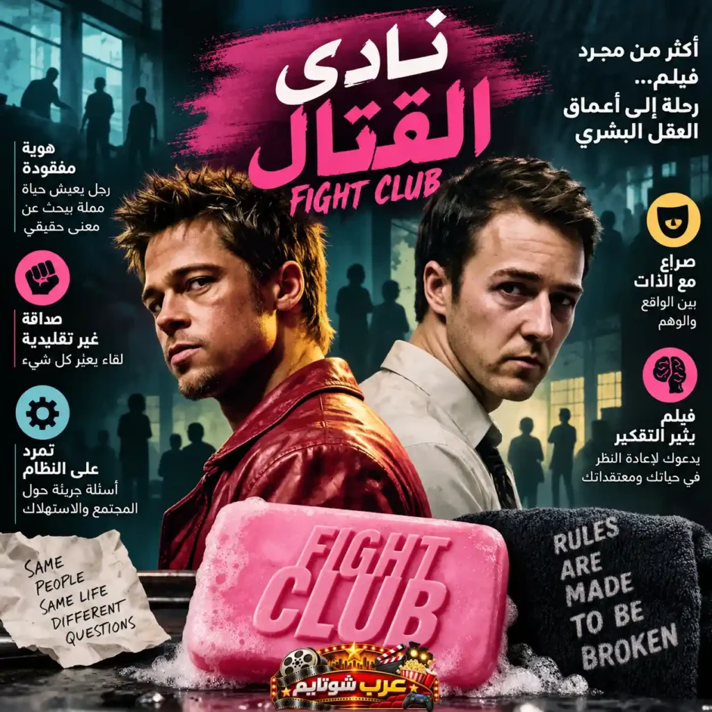 إنفوجرافيك عن فيلم نادي القتال (Fight Club) يوضح أبرز موضوعات الفيلم مثل أزمة الهوية، الصراع النفسي، التمرد على المجتمع، والرسائل الفلسفية التي جعلته من أكثر الأفلام تأثيرًا.