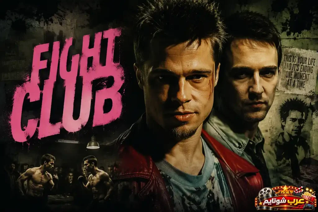 بوستر فيلم نادي القتال (Fight Club) يبرز الشخصيتين الرئيسيتين في أجواء مظلمة تعكس الصراع النفسي وأزمة الهوية والتمرد على المجتمع الاستهلاكي.