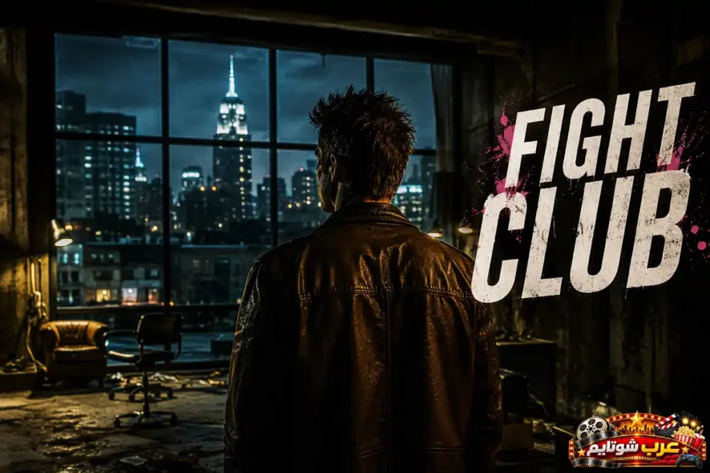بوستر فني لفيلم نادي القتال (Fight Club) يُظهر شخصية تقف أمام نافذة تطل على أفق مدينة ليلًا، في أجواء تعكس العزلة والبحث عن الهوية والتحولات النفسية العميقة.