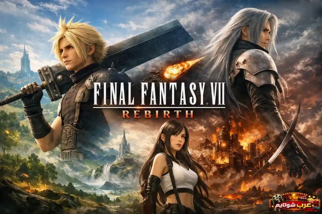 ملصق لعبة Final Fantasy VII Rebirth يعرض كلاود، تيفا وسيفيروث أمام عالمين متناقضين بين الطبيعة والمدينة الصناعية، مع شعار اللعبة في المنتصف.