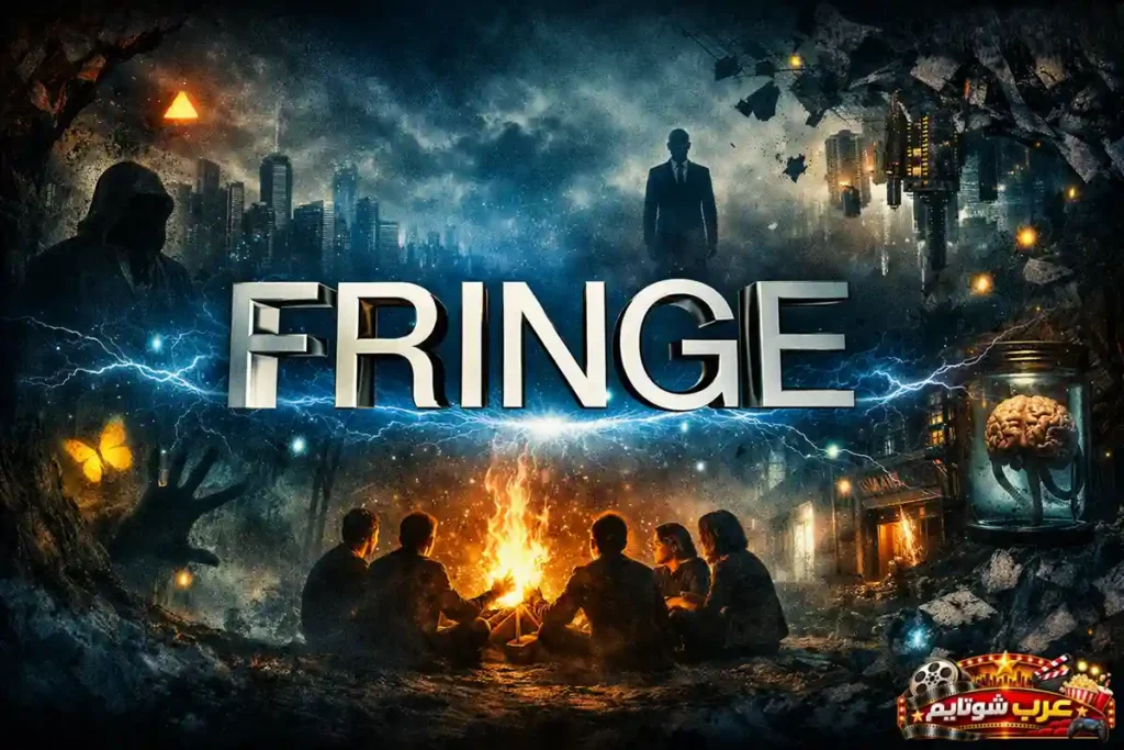 ملصق مسلسل Fringe مع عنوان متوهّج وعناصر غامضة تعكس العوالم الموازية والظواهر الخارقة