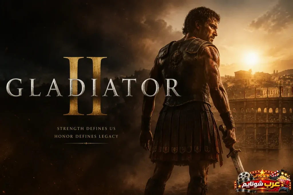 ملصق ترويجي لفيلم «المجالد 2» يُظهر محاربًا رومانيًا يقف أمام الكولوسيوم تحت غروب درامي مع شعار الفيلم بالإنجليزية.