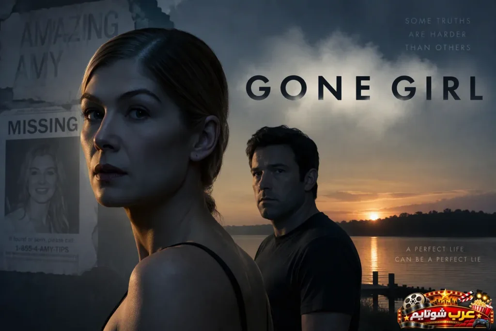 بوستر فيلم «الفتاة المفقودة» (Gone Girl) يُظهر الشخصيتين الرئيسيتين ضمن أجواء غامضة على ضفاف نهر عند الغروب، مع ملصق بحث عن مفقودة في الخلفية، في إشارة إلى لغز اختفاء إيمي دن.