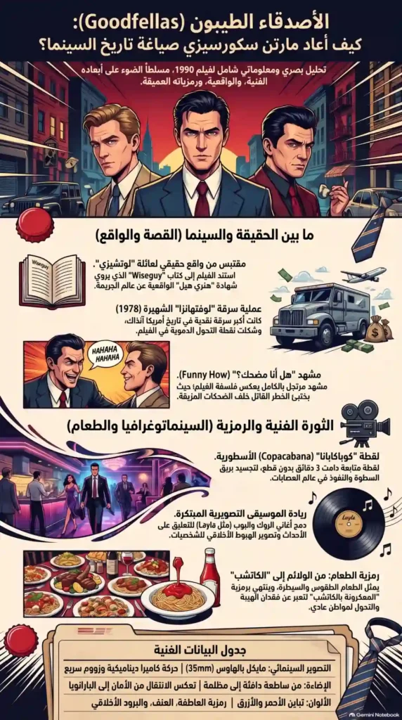 إنفوجرافيك عربي لفيلم «الأصدقاء الطيبون» (GoodFellas) يشرح بأسلوب بصري كيف أعاد مارتن سكورسيزي صياغة تاريخ السينما من خلال هذا العمل الكلاسيكي.