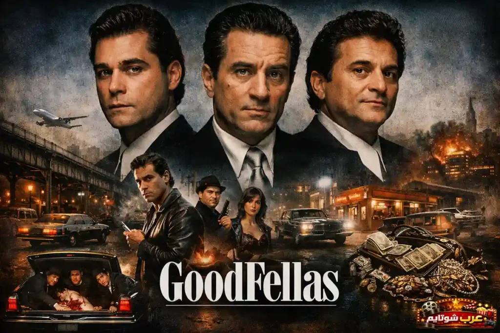 ملصق سينمائي لفيلم «GoodFellas» يظهر الشخصيات الرئيسية في أجواء عصابية مع مشاهد من عالم الجريمة في نيويورك.
