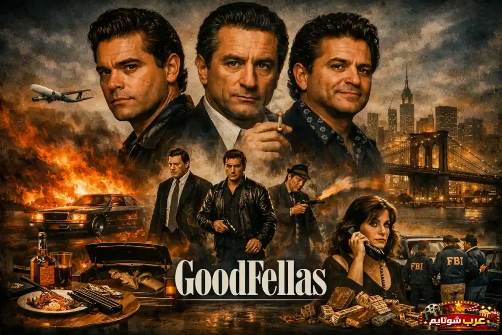 ملصق سينمائي لفيلم «GoodFellas» يعرض الشخصيات الرئيسية في أجواء عصابية مع مشاهد من عالم الجريمة في نيويورك.