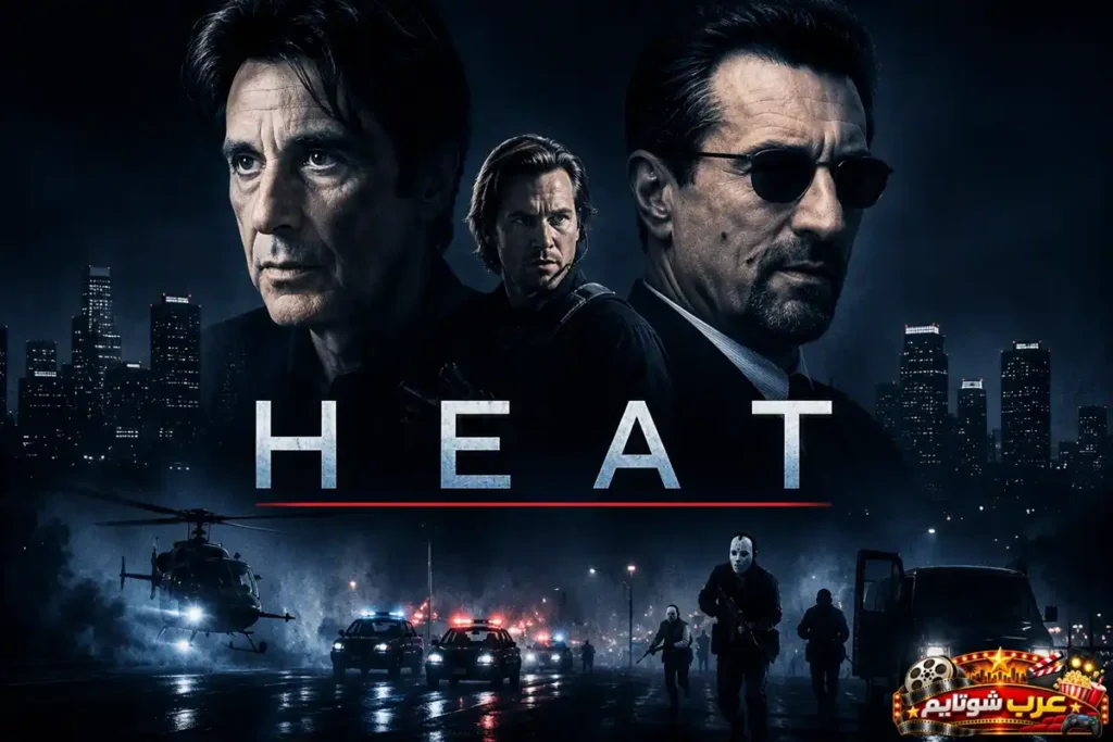 ملصق فيلم حرارة (Heat) يبرز مواجهة بين شخصيات رئيسية في أجواء جريمة وإثارة، مع مشاهد لسيارات الشرطة وأفق المدينة ليلاً تعكس الصراع بين القانون والجريمة.