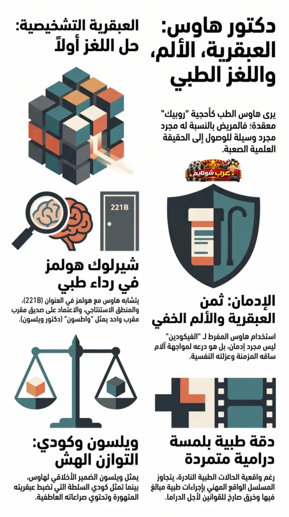 إنفوغرافيك عن مسلسل «هاوس» يوضح عبقرية الدكتور غريغوري هاوس التشخيصية، وتشابهه مع شيرلوك هولمز، وتأثير الإدمان على شخصيته، ودور ويلسون وكادي في حياته المهنية والشخصية.