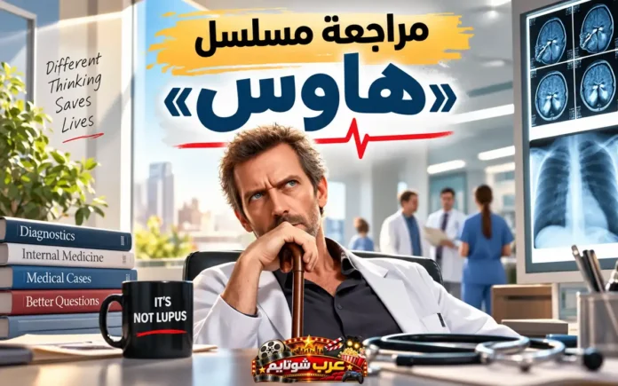 مراجعة مسلسل هاوس (House) مع صورة للطبيب العبقري داخل المستشفى محاطًا بأدوات التشخيص والصور الطبية في تصميم يعكس الطابع الطبي والغامض للمسلسل.