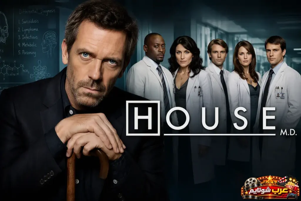بوستر مسلسل «هاوس» (House M.D.) يُظهر الطبيب العبقري وفريقه الطبي داخل المستشفى في تصميم يعكس أجواء التشخيص الطبي المعقد والألغاز الطبية الغامضة.