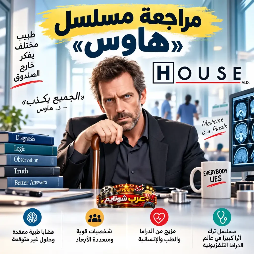 ملصق لمسلسل «هاوس» (House M.D.) يُظهر الطبيب العبقري داخل المستشفى محاطًا بعناصر ترمز إلى التشخيص الطبي والمنطق والاستنتاج، مع إبراز أبرز مزايا المسلسل.