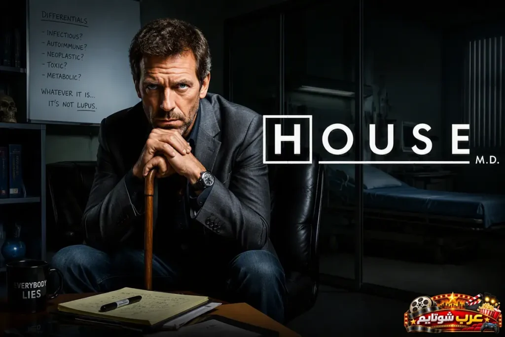 ملصق فني لمسلسل «هاوس» (House M.D.) يُظهر الطبيب العبقري جالسًا داخل مكتبه في المستشفى، محاطًا بملاحظات التشخيص الطبي وعناصر تعكس أجواء الغموض والتحقيق الطبي.