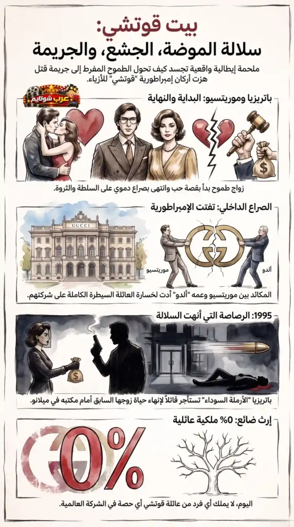 إنفوجرافيك يوضح القصة الحقيقية لفيلم «بيت غوتشي» (House of Gucci)، ويستعرض علاقة باتريتسيا ريجياني وماوريتسيو غوتشي، والصراعات العائلية داخل إمبراطورية غوتشي، وجريمة القتل التي هزّت عالم الموضة.