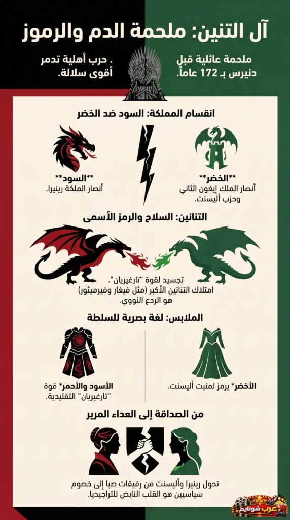 إنفوجرافيك يشرح أبرز محاور مسلسل «آل التنين» (House of the Dragon)، بما في ذلك الصراع بين السود والخضر، دور التنانين في الحرب الأهلية، ورمزية الألوان والعلاقات بين الشخصيات الرئيسية.