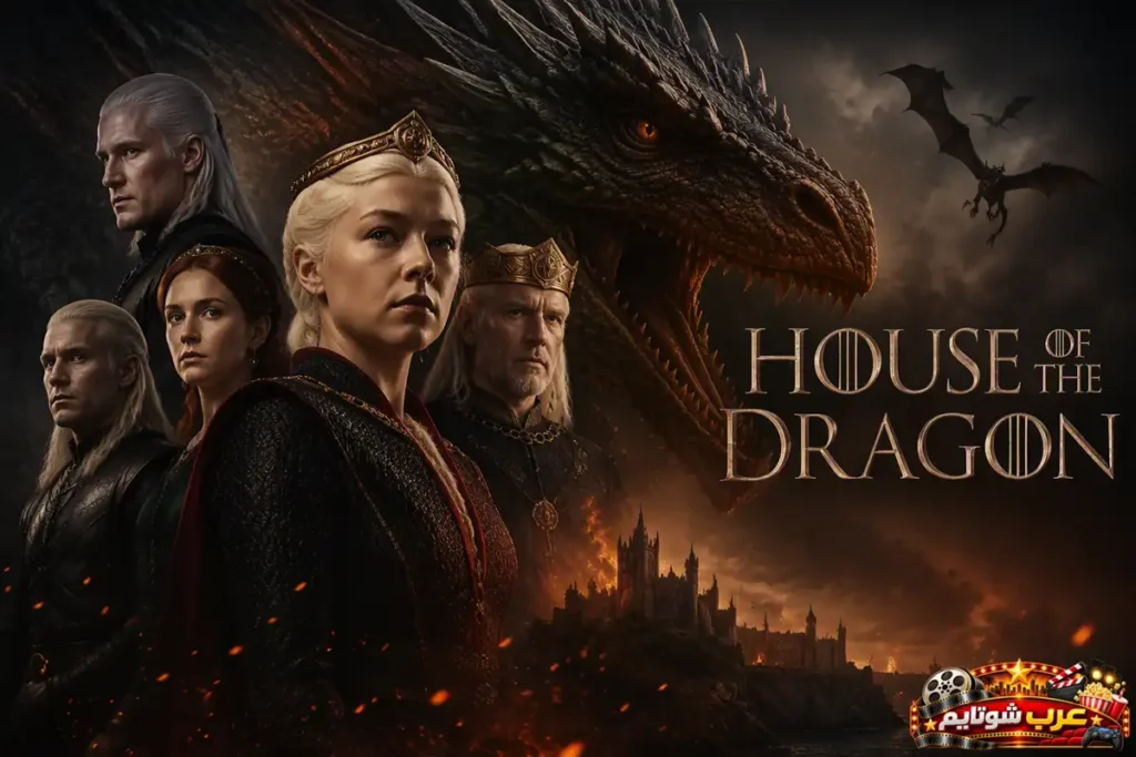 الملصق الرسمي لمسلسل «آل التنين» (House of the Dragon)، ويُظهر شخصيات رئيسية من أسرة تارغاريان أمام تنين ضخم مع شعار المسلسل في عالم ويستروس الخيالي.