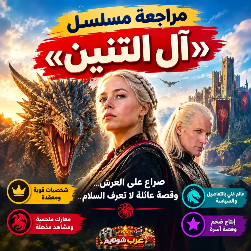 ملصق دعائي لمسلسل «آل التنين» (House of the Dragon) يُظهر شخصيات رئيسية من آل تارغاريان إلى جانب تنين ضخم وقلعة من عالم ويستروس، مع إبراز أبرز عناصر القوة والصراع في المسلسل.