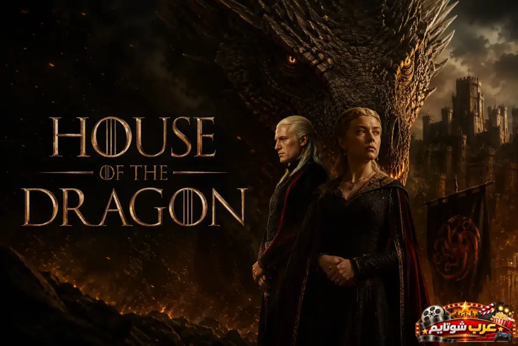 ملصق مسلسل House of the Dragon يُظهر أفرادًا من عائلة تارغاريان أمام تنين ضخم وقلعة مهيبة في أجواء فانتازية ملحمية.
