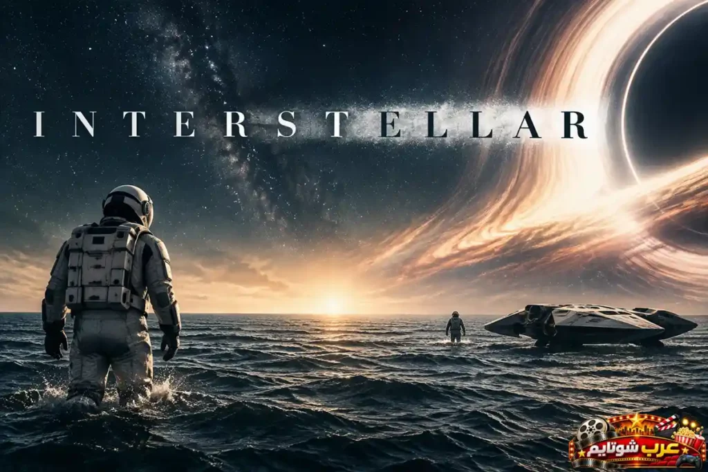 ملصق فيلم بين النجوم (Interstellar) يُظهر رائدَي فضاء في عالم مائي تحت سماء كونية واسعة، مع ثقب أسود عملاق ومركبة فضائية في الخلفية.