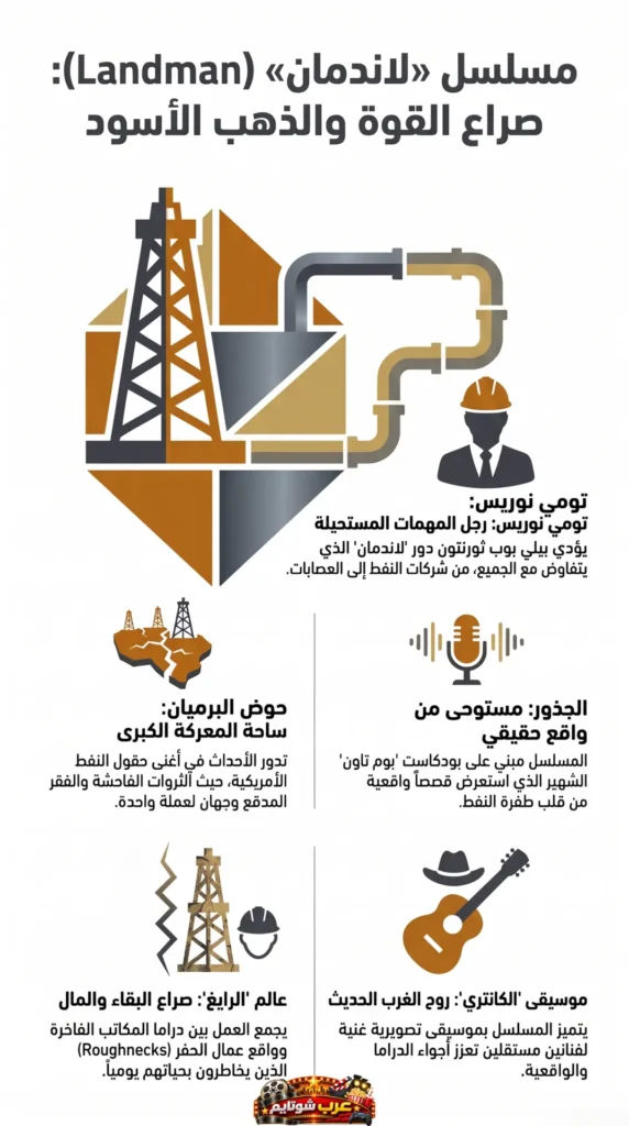 إنفوجرافيك لمسلسل «لاندمان» يعرض رموزاً لصناعة النفط وشخصيات العمل مع عناوين تشرح صراع القوة والذهب الأسود.