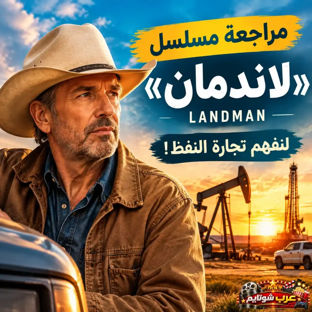 بوستر ترويجي لمسلسل «لاندمان» يظهر رجلاً يرتدي قبعة رعاة البقر أمام حقول النفط وشاحنة تحت غروب الشمس.