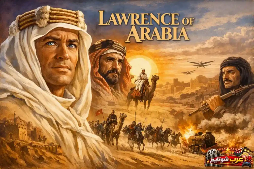 بوستر فيلم «لورنس العرب» يظهر لورنس بملابسه الصحراوية وسط مشاهد ملحمية من الصحراء والمعارك.