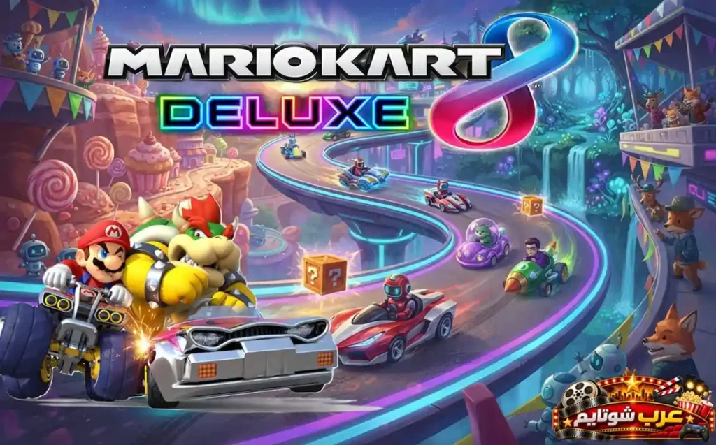 ملصق لعبة Mario Kart 8 Deluxe يبرز سباقات الكارت السريعة مع شخصيات شهيرة ومسارات ملونة مليئة بالتحديات والمغامرة.