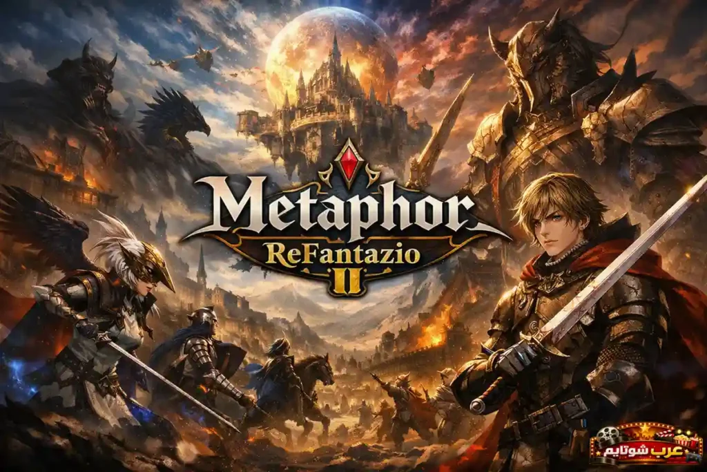 ملصق لعبة Metaphor: ReFantazio يعرض أبطالاً مدرّعين في عالم فانتزي ملحمي مع قلعة عائمة وخلفية قتالية مشتعلة، ويتوسّط الصورة شعار اللعبة.
