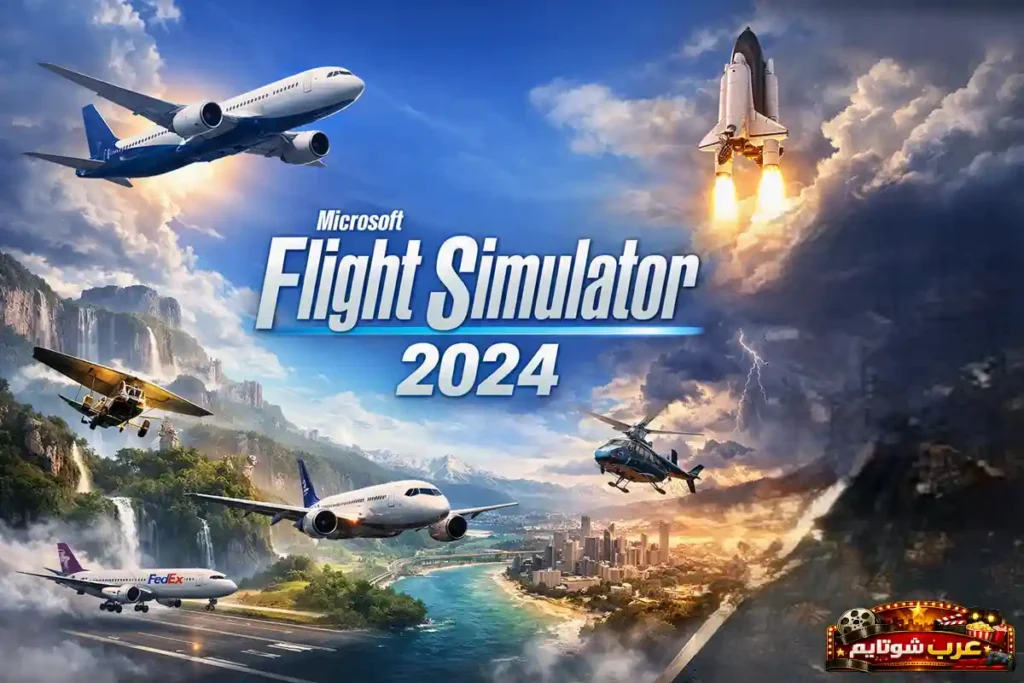 ملصق لعبة Microsoft Flight Simulator 2024 يعرض طائرات ومركبات جوية متنوعة فوق مناظر طبيعية ومدن مختلفة مع شعار اللعبة في المنتصف.