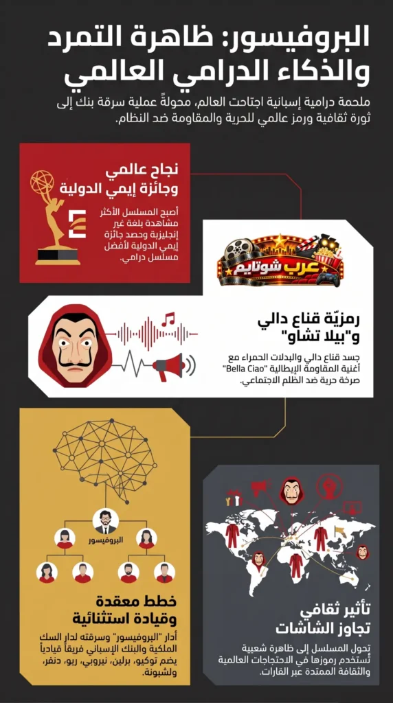 إنفوجرافيك عن مسلسل «البروفيسور» (Money Heist) يوضح نجاحه العالمي، ورمزية قناع دالي وأغنية بيلا تشاو، وخطط البروفيسور الاستراتيجية، وتأثير المسلسل الثقافي حول العالم.