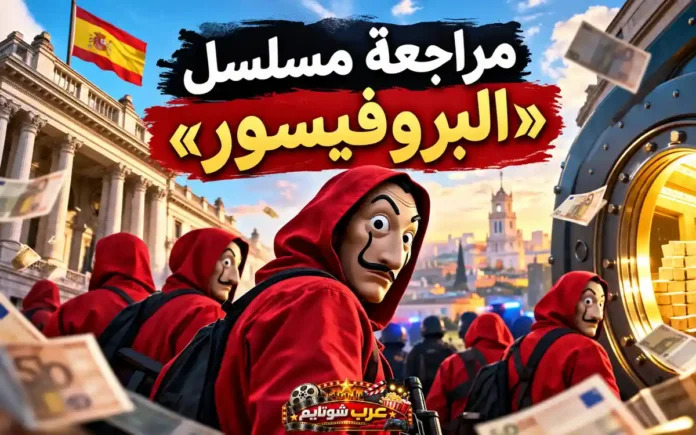 مراجعة مسلسل البروفيسور (Money Heist) مع مجموعة من أفراد العصابة بملابسهم الحمراء وأقنعة دالي أمام خزنة مليئة بالذهب في عمل درامي إسباني يناقش السلطة والرأسمالية والعدالة الاجتماعية.