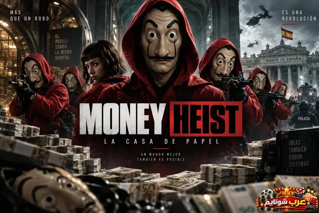 الملصق الرسمي لمسلسل «بيت من ورق» (Money Heist) ويُظهر أفراد العصابة بالبدلات الحمراء وأقنعة دالي الشهيرة وسط أكوام من الأموال أمام بنك إسبانيا.