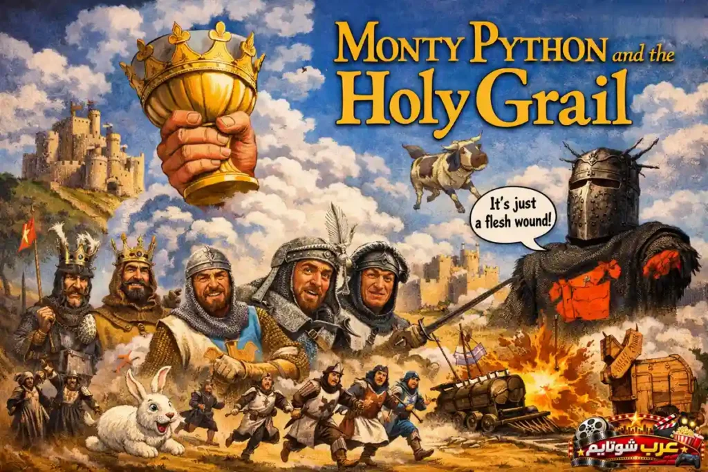 بوستر فيلم «مونتي بايثون والكأس المقدسة» يظهر الكأس الذهبية مع فرسان الملك آرثر في مشهد كوميدي عبثي يعكس روح الفيلم الساخرة.