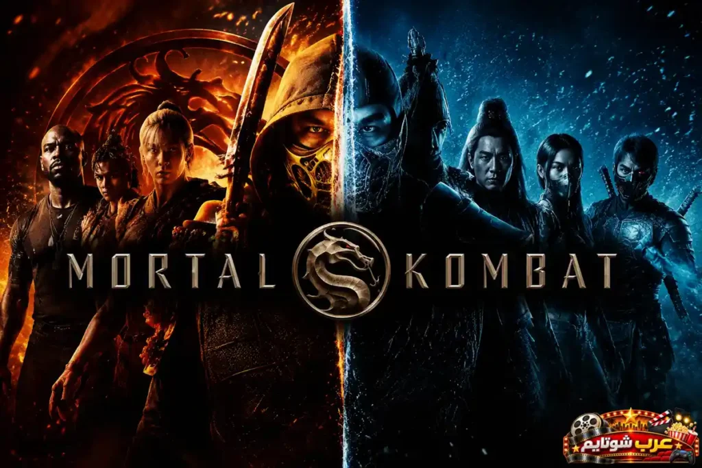 ملصق فيلم مورتال كومبات Mortal Kombat يُظهر مجموعة من المقاتلين الأسطوريين من عالم اللعبة في مواجهة حاسمة بين قوى النار والجليد.
