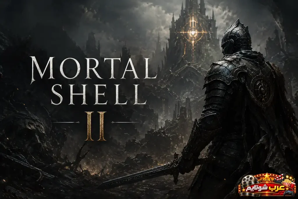 بوستر رسمي للعبة Mortal Shell II يُظهر محاربًا مدرعًا يحمل سيفًا وسط أرض مدمرة وعالم خيالي مظلم، مع قلعة ضخمة تلوح في الأفق وأجواء مليئة بالغموض والخطر.