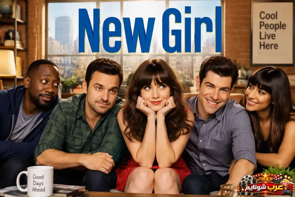 بوستر مسلسل New Girl يضم الشخصيات الرئيسية داخل الشقة المشتركة مع شعار المسلسل في الخلفية.