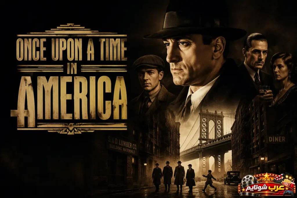 ملصق فيلم ذات مرة في أمريكا (Once Upon a Time in America) يُظهر شخصيات رئيسية في أجواء تاريخية، مع مشهد لشارع قديم وجسر نيويورك يعكس رحلة تمتد عبر سنوات من الصداقة والطموح والجريمة.