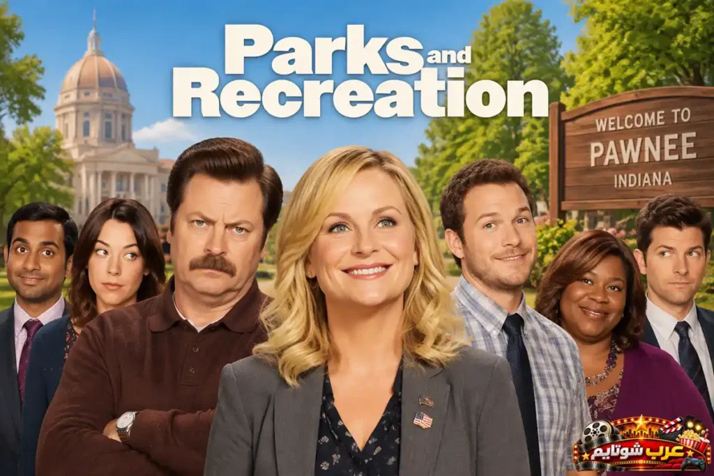 بوستر مسلسل Parks and Recreation يضم الشخصيات الرئيسية للعمل مع شعار المسلسل في مدينة باوني الخيالية بولاية إنديانا.