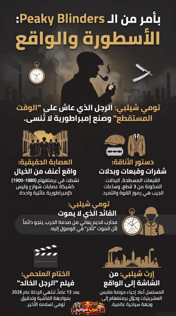 إنفوغرافيك عربي لمسلسل «بيكي بلايندرز» يوضح الفرق بين الأسطورة والواقع، مع رموز بصرية مثل القبعة، الشفرة، وساعة الجيب.