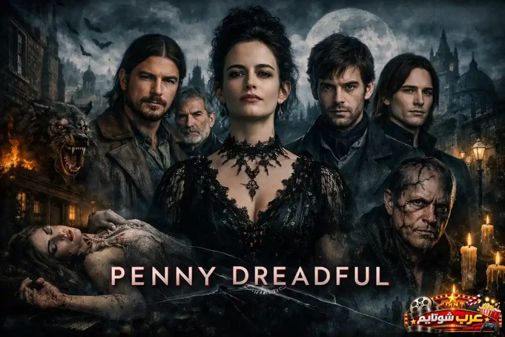 ملصق مسلسل Penny Dreadful يظهر الشخصيات الرئيسية في أجواء قوطية مظلمة مع عناصر رعب وفيكتوريا كلاسيكية