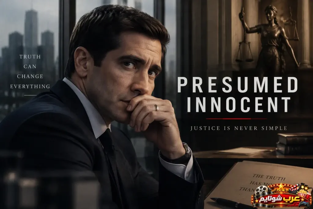 ملصق مسلسل Presumed Innocent يظهر محامياً يجلس في مكتب قانوني وسط أجواء غامضة، في قصة تجمع بين الجريمة والأسرار والشكوك القانونية.