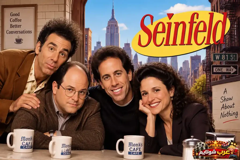 بوستر مسلسل Seinfeld يضم الشخصيات الرئيسية في أحد المقاهي الشهيرة بمدينة نيويورك مع شعار المسلسل بالإنجليزية.